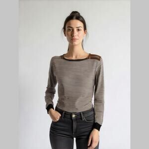 Ralph Lauren Black White Stripe Brown Faux Leather Patches Long Sleeve Top S